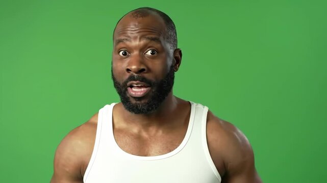 Man with beard wears white undershirt against a green background.