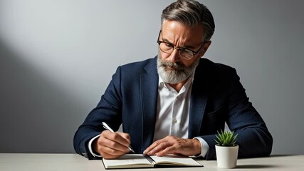 A focused bearded businessman wearing glasses writes notes in a notebook at his desk.