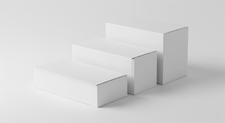 Three white rectangular boxes arranged in a stepped presentation, ideal for showcasing multiple products.