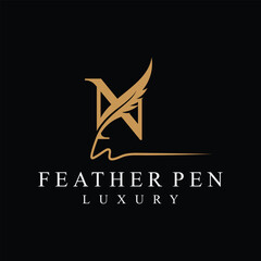 Initial letter N feather pen logo design, serif font graphic icon vector, golden color symbol concept