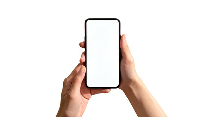 Two hands holding a smartphone with a blank, white screen, against a solid black background
