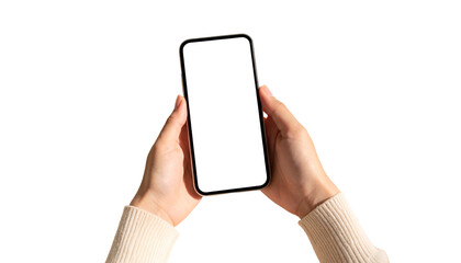 Person holding a smartphone with blank white screen against a black background