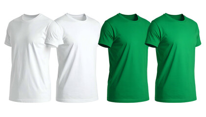 Four plain t-shirts, two white and two green, side by side, centered with a black background