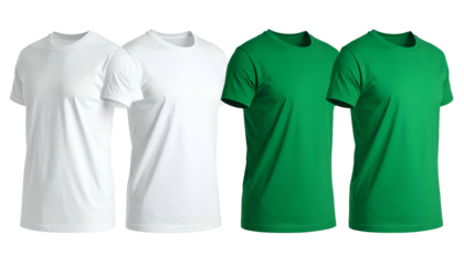 Four plain t-shirts, two white and two green, side by side, centered with a black background