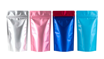 Four colorful, metallic, blank stand-up pouches with zipper closures, isolated on black