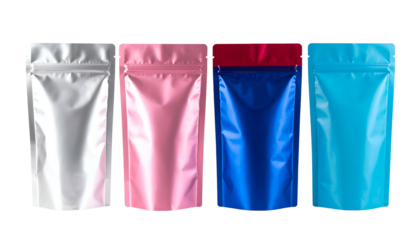 Four colorful, metallic, blank stand-up pouches with zipper closures, isolated on black