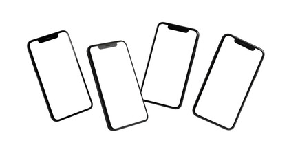 Four modern smartphones with blank screens floating against a black background