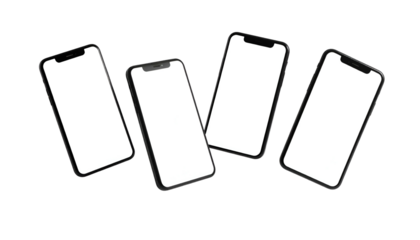 Four modern smartphones with blank screens floating against a black background