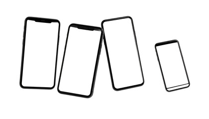 Four smartphones, various angles, black screens, arranged against a black background