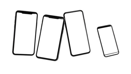 Four smartphones, various angles, black screens, arranged against a black background