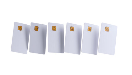 Six white rectangular cards with gold square chips arranged linearly on a black backdrop