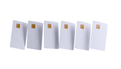 Six white rectangular cards with gold square chips arranged linearly on a black backdrop