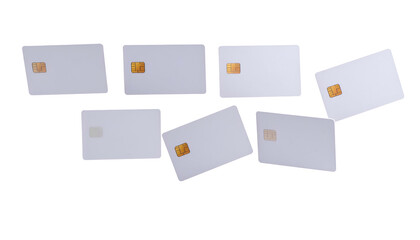 Seven blank, rectangular cards with embedded chips, slightly angled against a black background