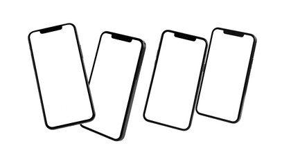 Four similar phones float, screens blank, against a stark black background