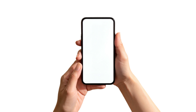 Two hands holding a smartphone with a blank, white screen, against a solid black background
