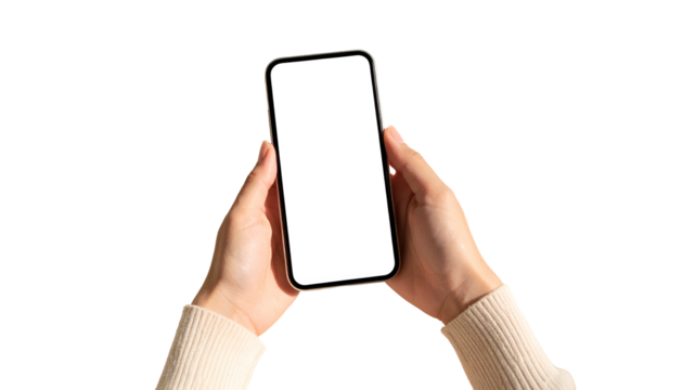 Person holding a smartphone with blank white screen against a black background