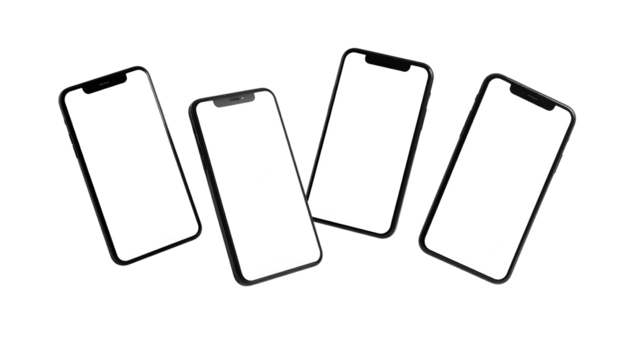 Four modern smartphones with blank screens floating against a black background