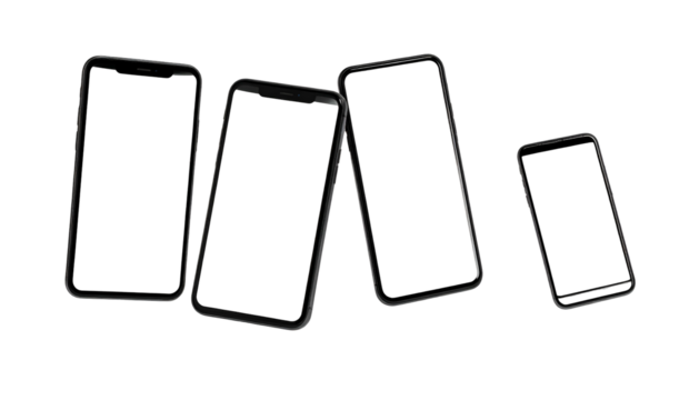 Four smartphones, various angles, black screens, arranged against a black background