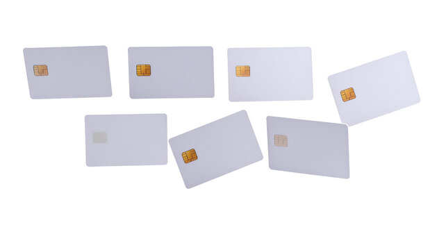 Seven blank, rectangular cards with embedded chips, slightly angled against a black background