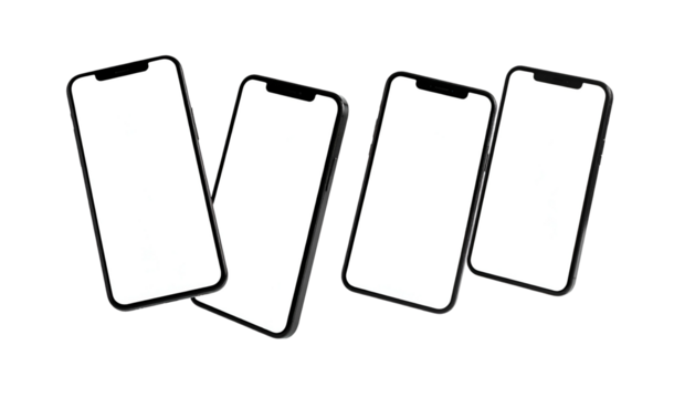 Four similar phones float, screens blank, against a stark black background