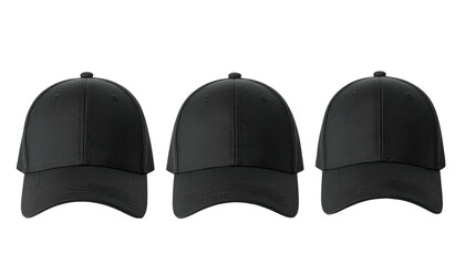 Three identical black baseball caps side-by-side on a black background