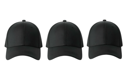 Three identical black baseball caps side-by-side on a black background