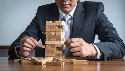 Man in Suit Building Wooden Block Tower on Brown Table