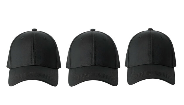 Three identical black baseball caps side-by-side on a black background