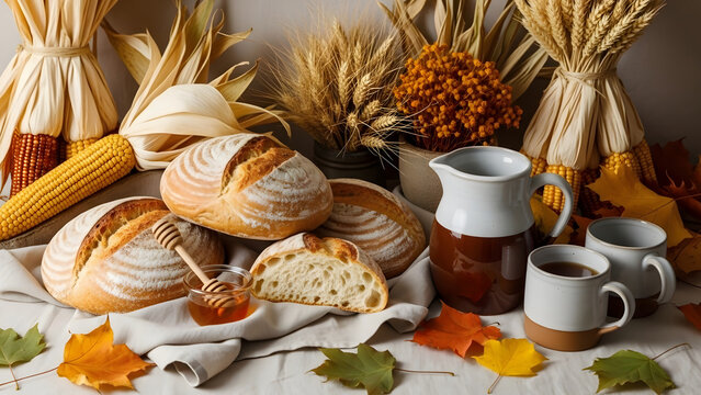Cozy Fall Still Life with Artisan Loaves, Hot Tea, and Dried Corn