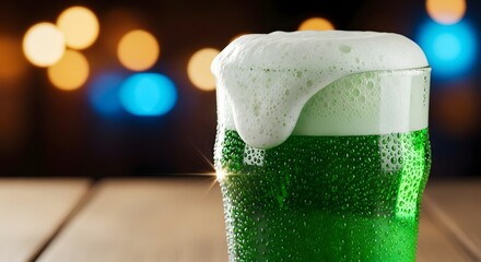 Festive Green Beer: A refreshing pint of vibrant green beer, topped with a frothy white head, sits on a wooden surface, a symbol of joyful celebrations and festive gatherings.
