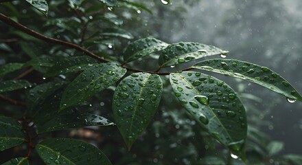 Fototapeta premium Close-up of green leaves covered with raindrops, illuminated by sunlight filtering through the forest canopy.