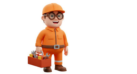 Fototapeta premium Cartoon construction worker with toolbox
