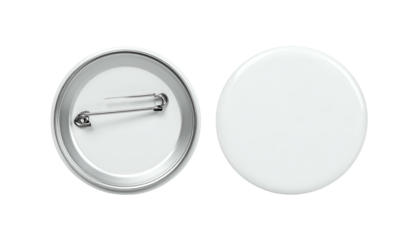 A close-up view of a blank round button badge, front and back, isolated on black background