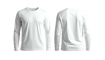 Front and back views of a long-sleeved, white crew neck shirt, isolated on black background