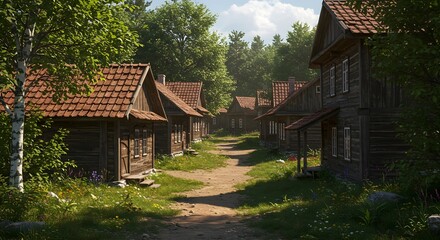 Obraz premium Traditional wooden houses in a rustic village surrounded by greenery, illuminated by warm morning sunlight.