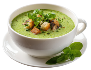 Creamy green soup in white bowl, topped with croutons and herbs