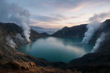 Volcanic crater lake surrounded by smoky cliffs during soft sunset light, creating a surreal and peaceful abstract natural background scene. Ai generative
