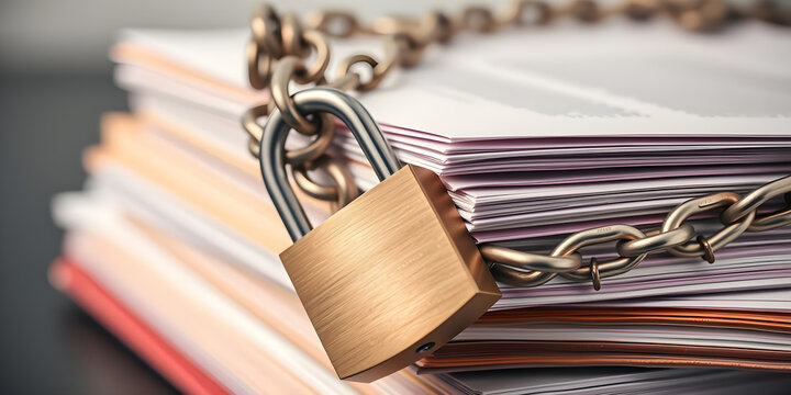Metal chain and padlock securing a stack of paper files symbolizing data protection and confidentiality in a controlled environment