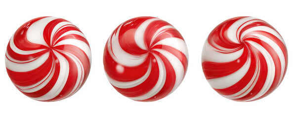 Three round red and white spiral hard candies