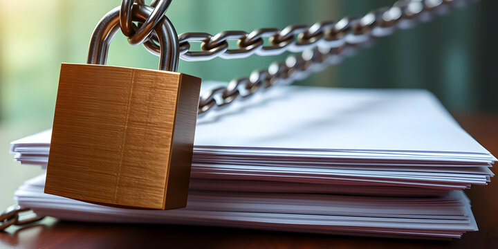 Metal chain and padlock securing a stack of paper files symbolizing data protection and confidentiality in a controlled environment