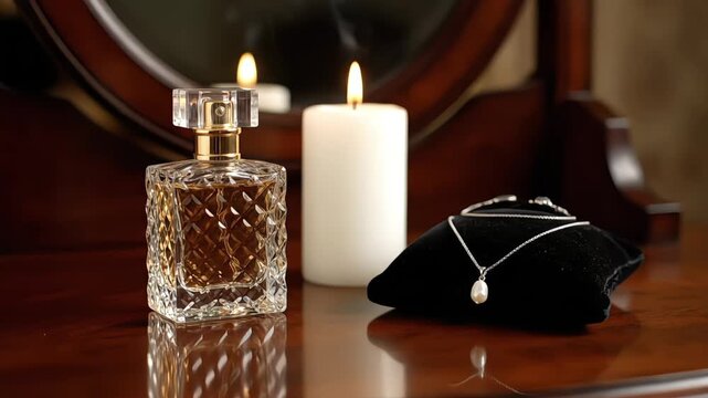 Elegant perfume bottle with gold accents and jewelry adorning a polished vanity table