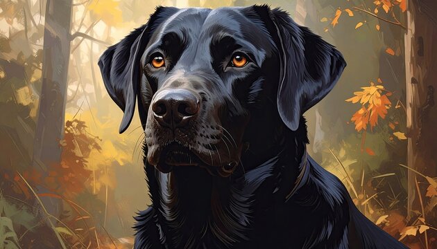Portrait of a Black Labrador Retriever Dog with Amber Eyes in an Autumnal Forest Setting with Golden Leaves - Powered by Adobe