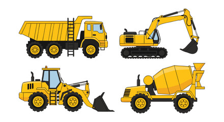set of construction machines , Illustration of four yellow construction vehicles on white