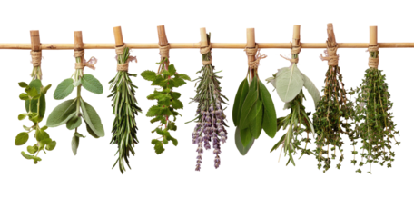 Assorted fresh herbs hanging to dry on a bamboo rack
