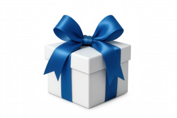 White gift box with vibrant blue ribbon, presenting holiday celebration surprise on transparent background