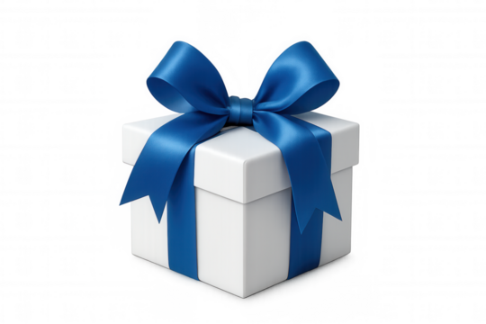 White gift box with vibrant blue ribbon, presenting holiday celebration surprise on transparent background