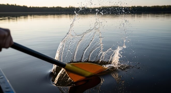 Paddle splashing water on tranquil lake during sunset adventure