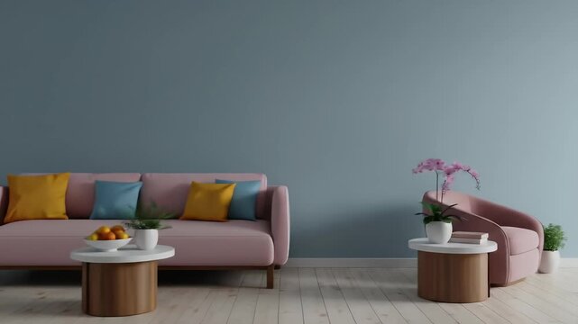 The interior has a pink armchair on empty blue wall background.