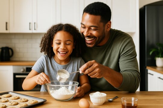 Happy father and daughter baking cookies together in a bright kitchen, enjoying quality family time and laughter during a fun lifestyle activity. Ai generative