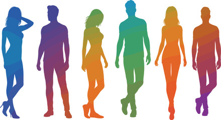 Colorful gradient human silhouettes in various poses, standing, walking, lifestyle, diversity, abstract design, modern vector illustration, creative artwork concept